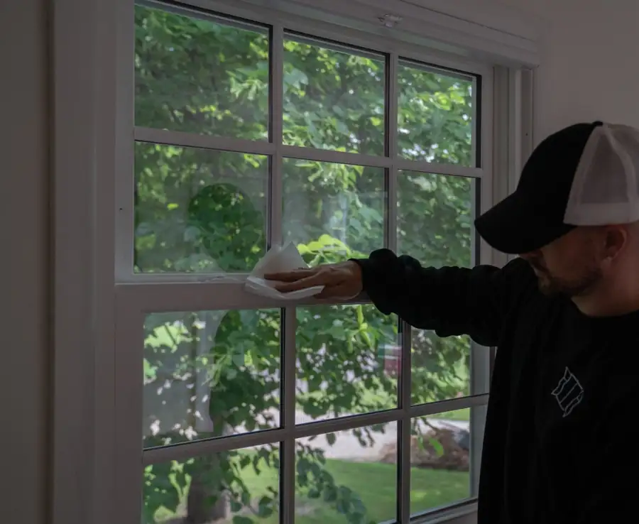 A Window Guys installer wiping down a newly installed window