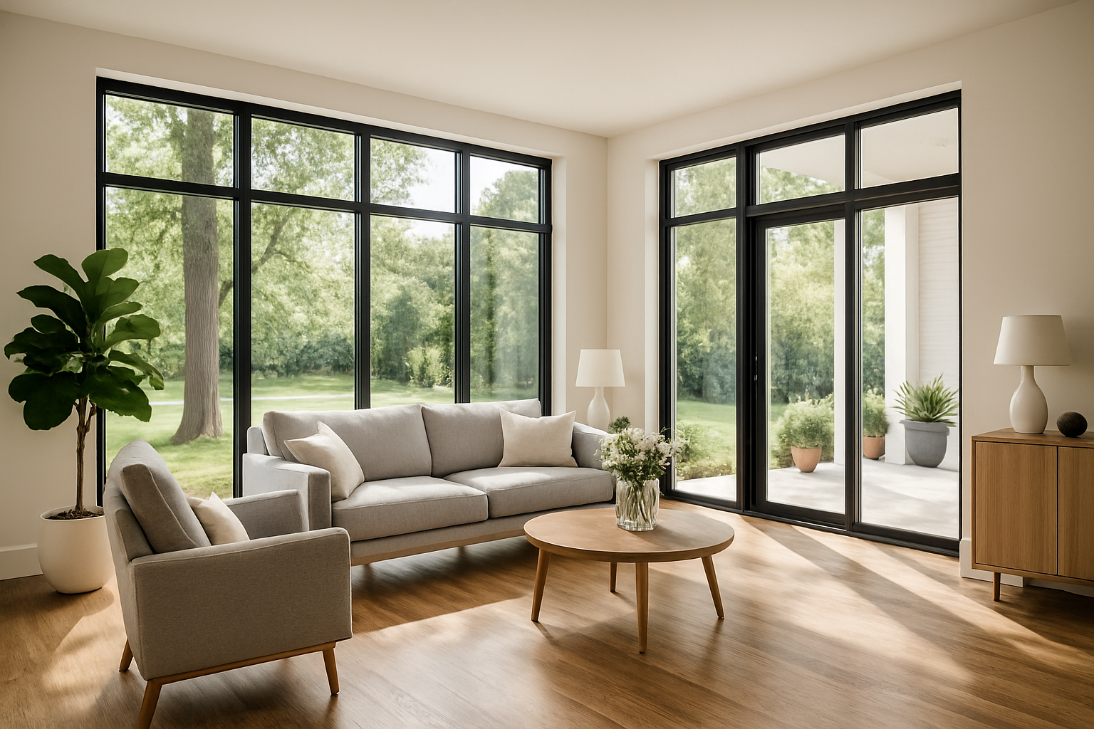 Bright living room interior with large windows